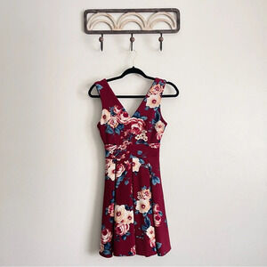 Floral V-neck dress zippered back maroon purple blue mini summer size small